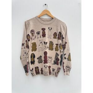 Oatmeal Dog Print Sweater Multi Breed Novelty Knit Size M